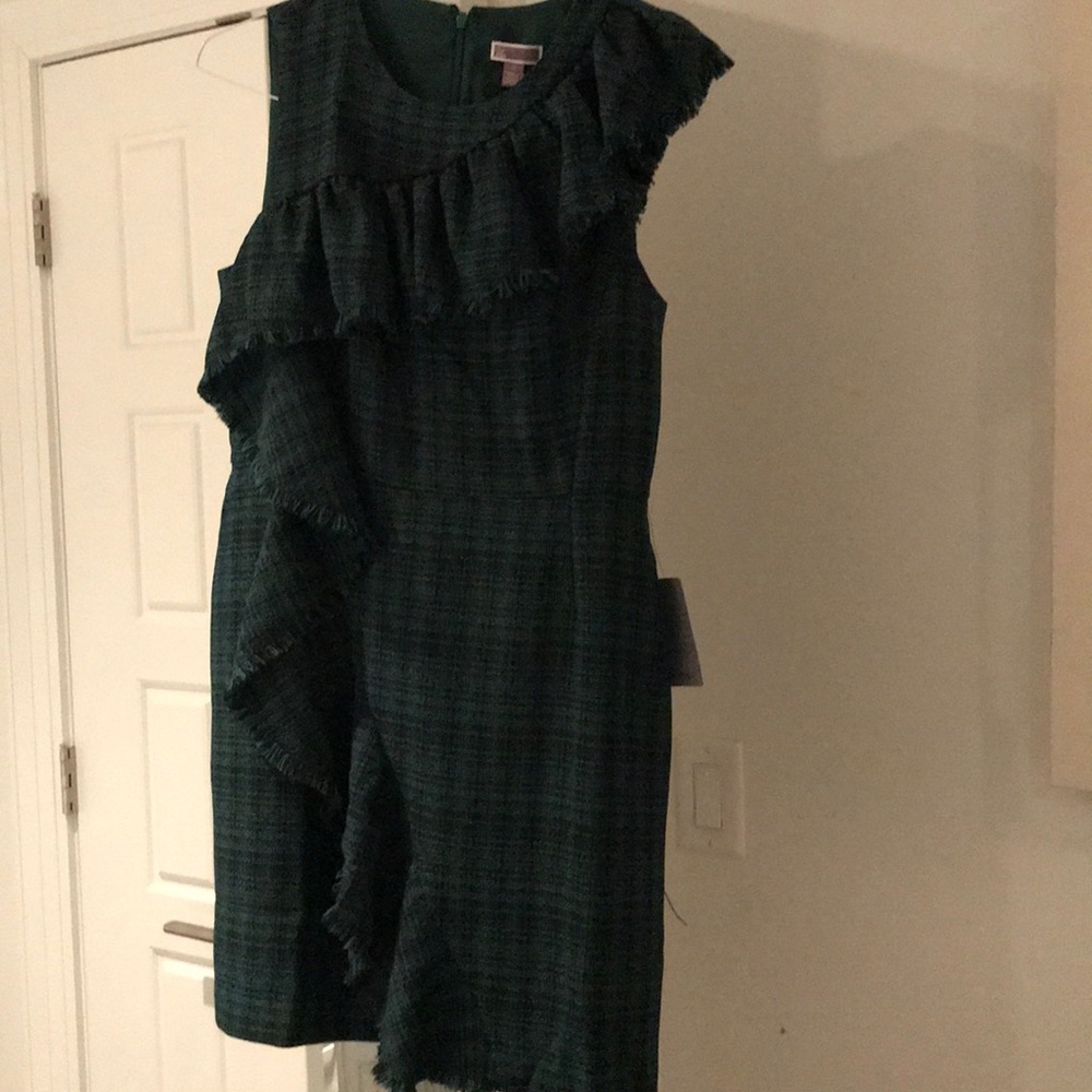 Green and Black Plaid Tweed Sheath Dress